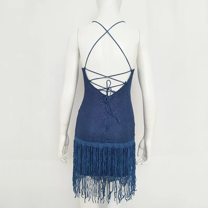 Новинка 2019 летнее однотонное платье для женщин на бретелях кружевное с бахромой