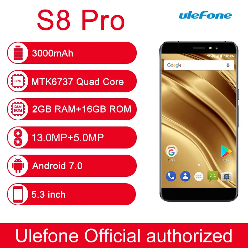 Ulefone S8 Pro 2 ГБ/16 ГБ идентификации отпечатков пальцев 5 3 'ɺndroid 7 0 MTK6737 4 ядра 64-бит