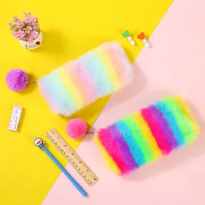 Чехол карандаш Kawaii Радужный чехол для ручек с лазерным плюшевым шариком школьные