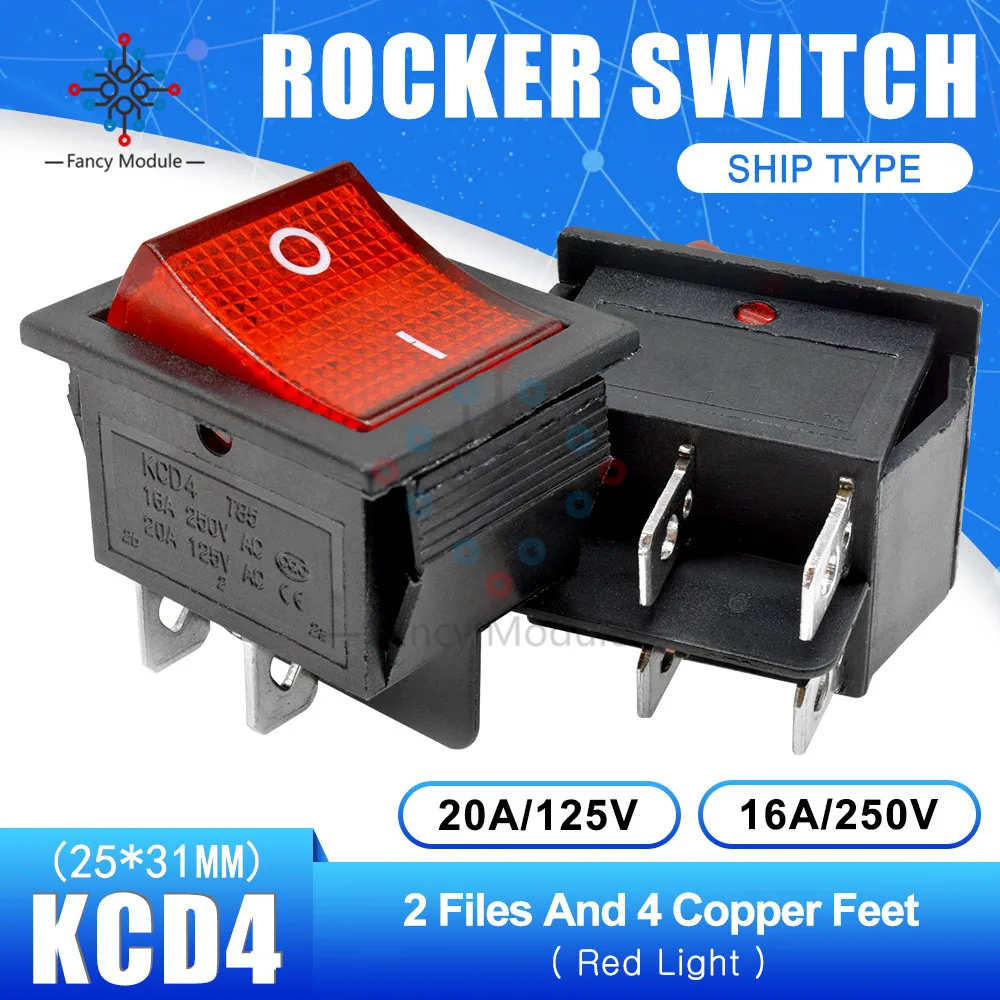 KCD4 25*31 мм 2 Позиции 4 булавки Feets кулисный переключатель питания сенсорный Переключатель ВКЛ/ВЫКЛ корабль тип с светильник 16A 250 В 30A 125 в