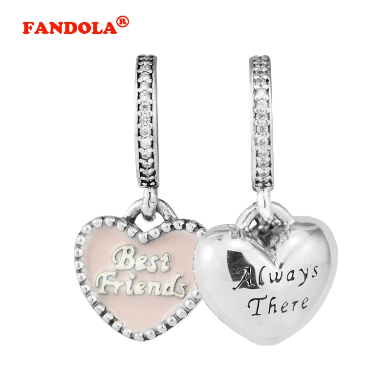 Fits Pandora Charms Bracelet Best Friends Pendant with Clear CZ &amp Pink Enamel 100% 925 Sterling-Silver-Jewelry DIY Beads CK409 |