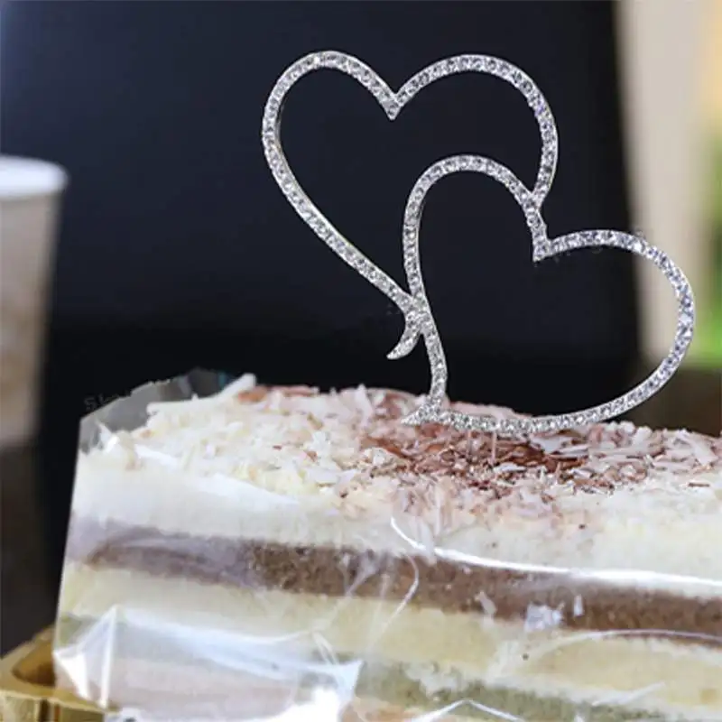 

Brand Romantic Crystal Rhinestone Silver Double Heart Cake Topper Wedding Decoration Newsale Hot Sale