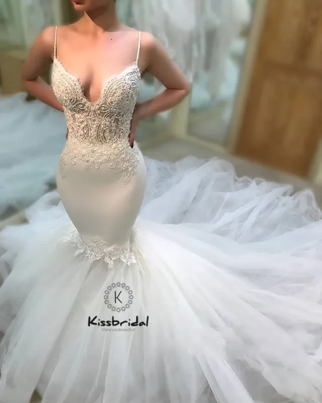 

Faburlous Свадебные платья-русалки 2018, сексуальные фатиновые Свадебные платья на бретельках с аппликацией для невесты, платье для невесты