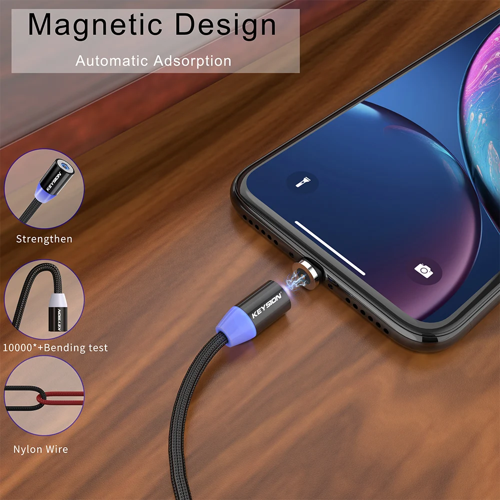 KEYSION светодиодный магнитный кабель для Lightning Micro USB Type C телефонный iPhone X Xr Xs Max 1 м 2 2A