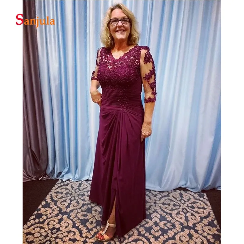 Burgundy Chiffon Mother of the Bride Dresses V Neck 3/4 Sleeve Appliques Beaded Formal Leg Slit Groom Gowns D250 | Свадьбы и
