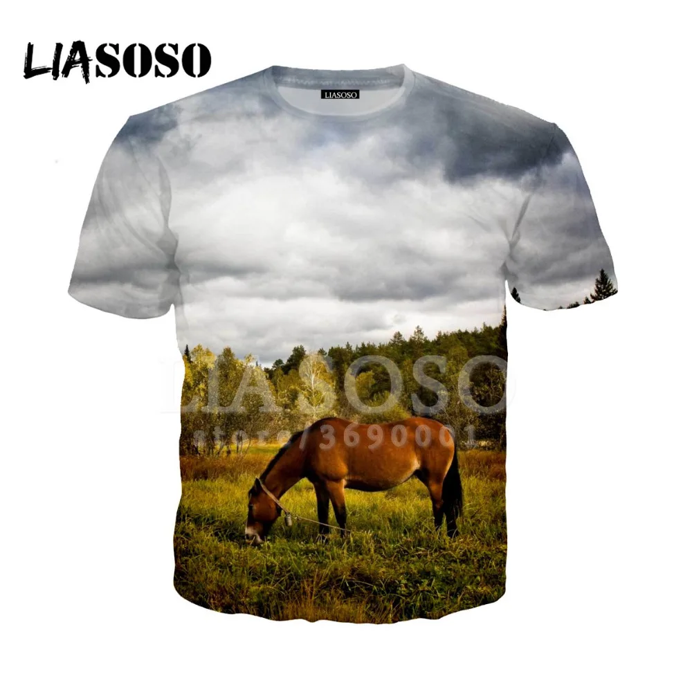 LIASOSO, 3D принт, для женщин и мужчин, крепкие лошади, снег, аниме, лошадь, футболка с животными, летняя футболка, хип-хоп пуловер, короткий рукав, X0894