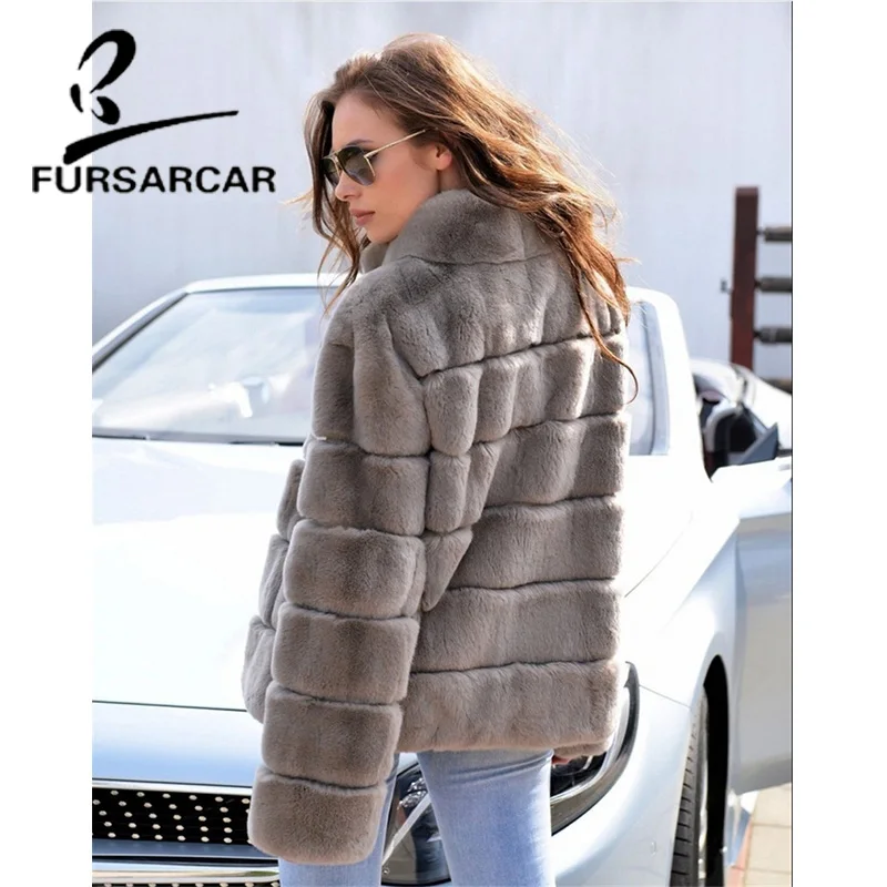 FURSARCAR новые зимние пальто из натурального меха женская модная куртка с мехом кролика рекс с воротником-стойкой толстое теплое пальто из кроличьего меха