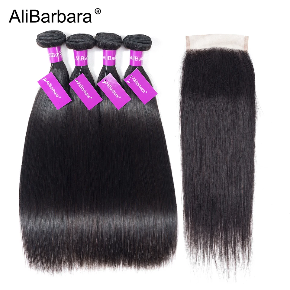 

AliBarbara Hair Brazilian Straight Hair 4 pcs Human with Bundles With Closure 4x4 Free part 100% Remy Hair Weaves Extension