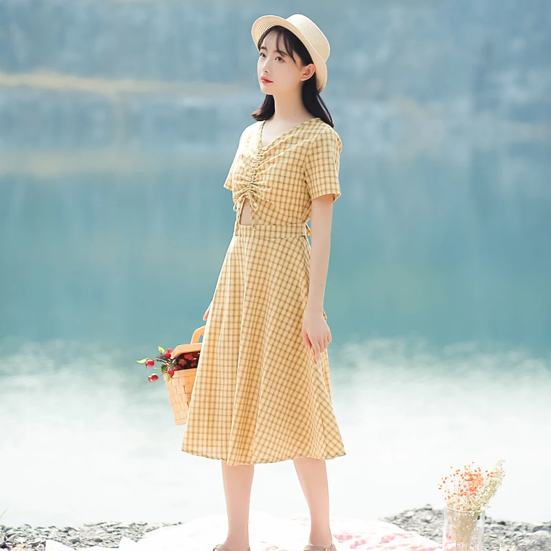 2019 женское японское Harajuku Ulzzang винтажное летнее желтое клетчатое пляжное длинное
