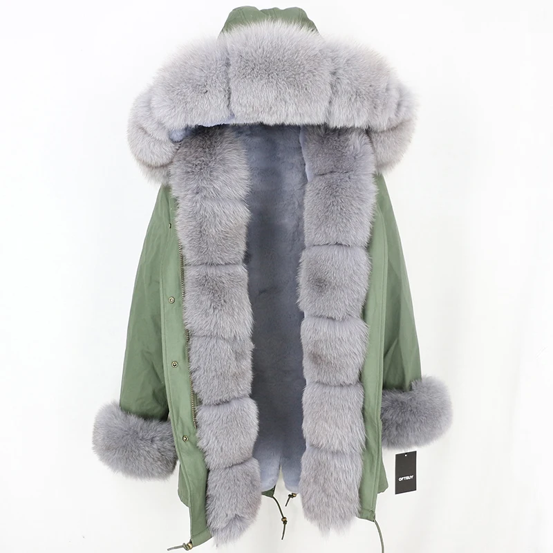 green grey OFTBUY, Длинные парки, зимняя куртка, Женское пальто из натурального меха, натуральный Лисий мех, Отделка капюшона, черная верхняя одежда, уличная одежда, толстая теплая парка - Цвет: green grey