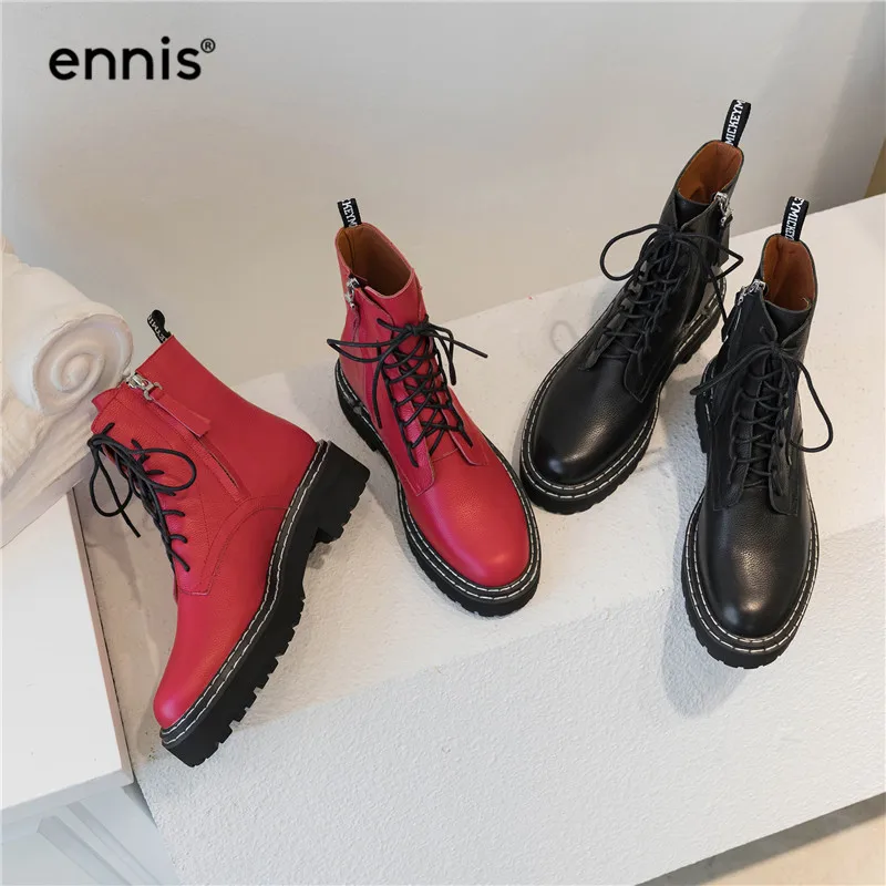ENNIS/; дизайнерские женские ботинки на платформе; ботинки из натуральной кожи на шнуровке; сезон осень-зима; черные готические сапоги; обувь на плоской подошве; Цвет Красный; Новинка; A999