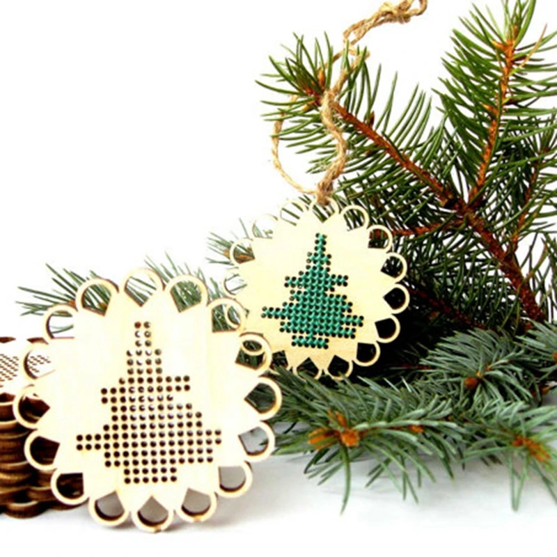 

Set of 50pcs cross stitch wood charm crafts DIY sewing pendant wooden charm key ring christmas decoration tree shape