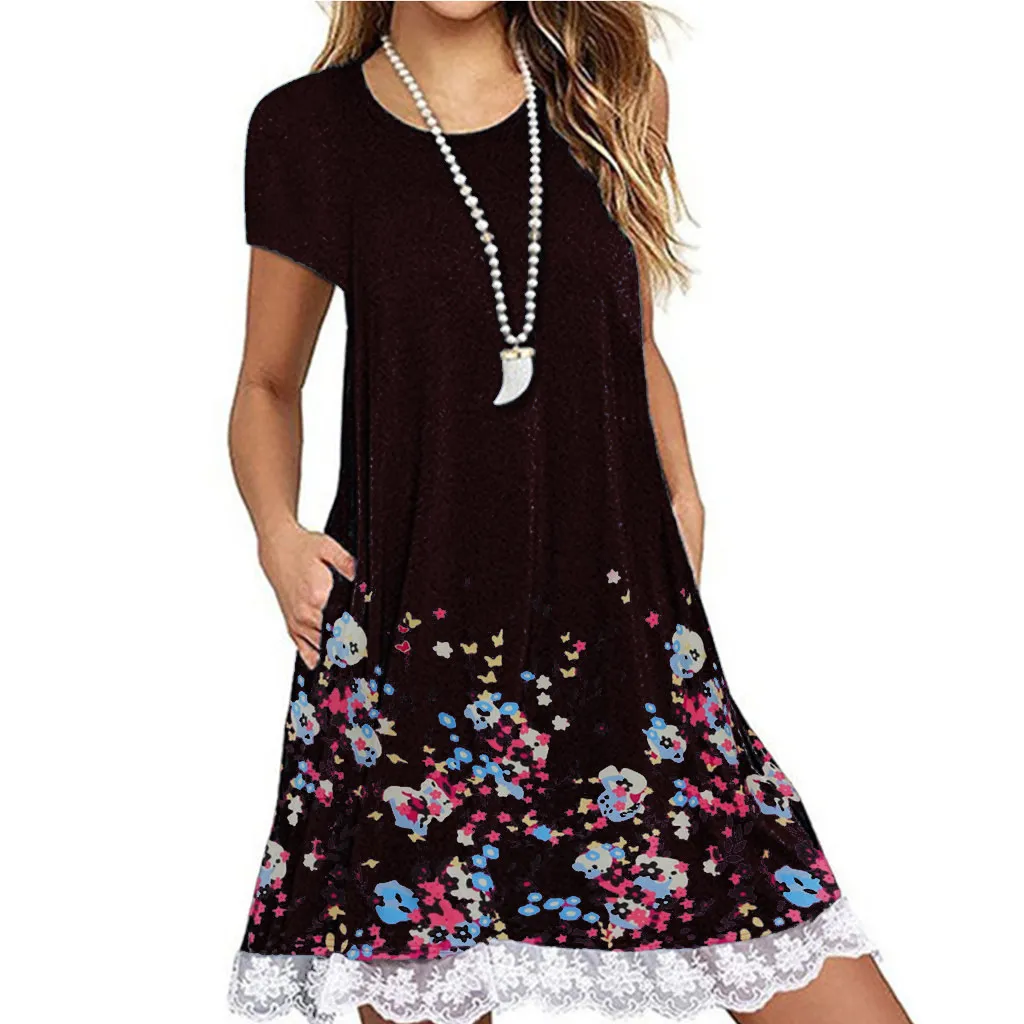 Женское платье с коротким рукавом винтажное мини цветочным принтом и карманами