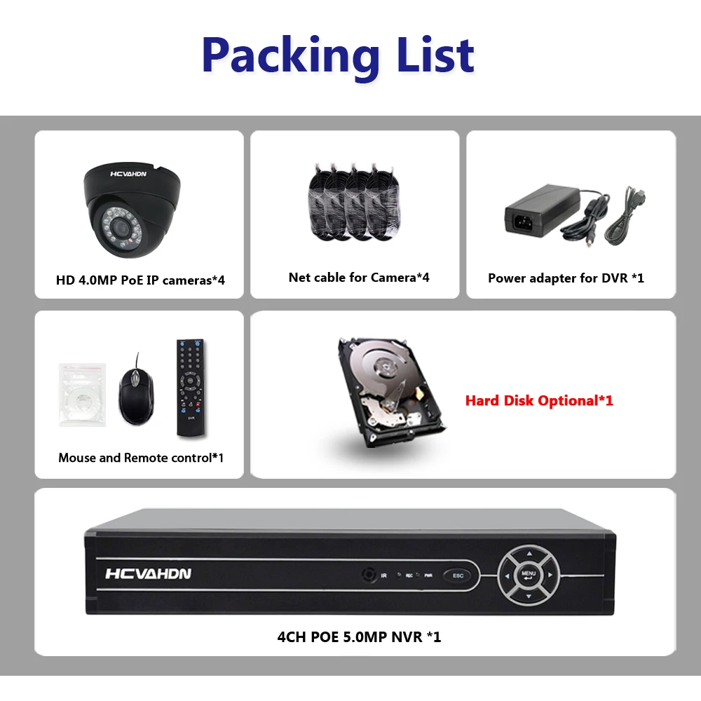 HCVAHDN Plug and Play 5.0MP HD 4CH POE NVR 24 ИК День Ночь Крытый Открытый водонепроницаемый