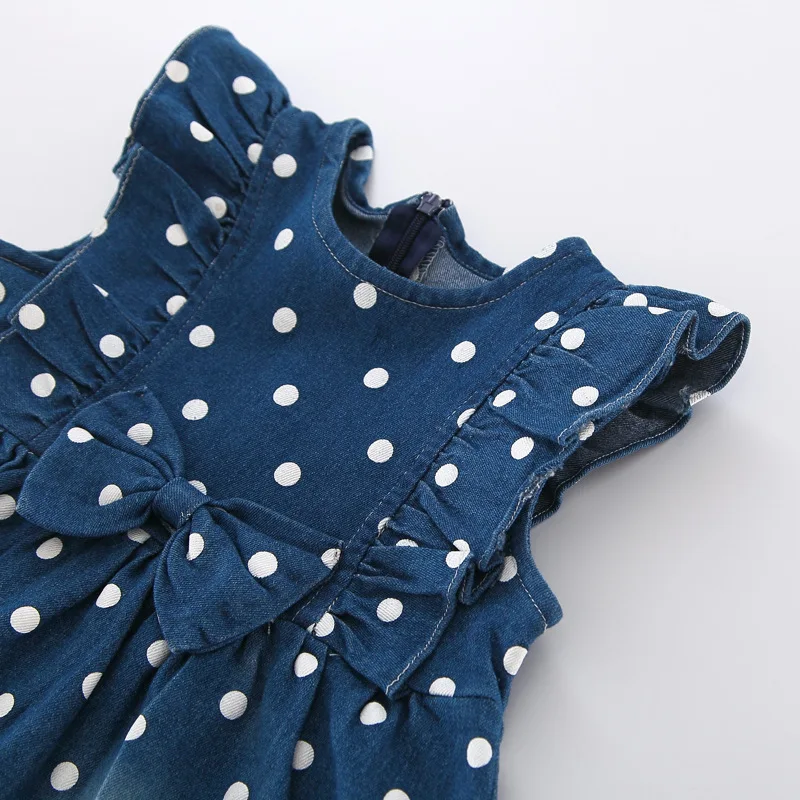 Girls Dresses 2019 Burst Models Children's Cute Polka Dot Bow Lace Collar Denim Pompon Dress Sweet Girl Clothing | Детская одежда и