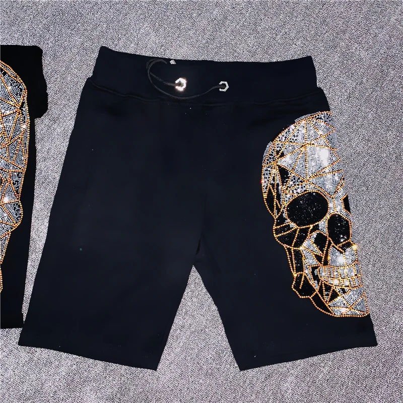 

Beach Shorts Men Summer Skulls Rhinestones Mens Shorts Straight Comfortable Drawstring Casual Hip Hop Homme Asian Size M-XXXL