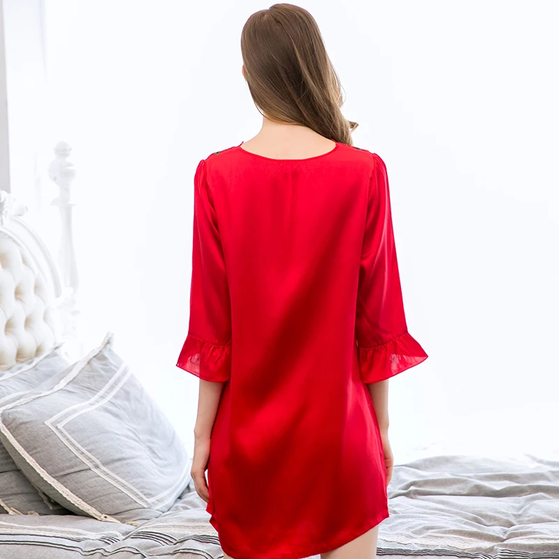 

Women Summer 100% Real Silk Nightgowns Lace Half Sleeve Thin Pure Silk Nightdress Sleepwear For Ladies