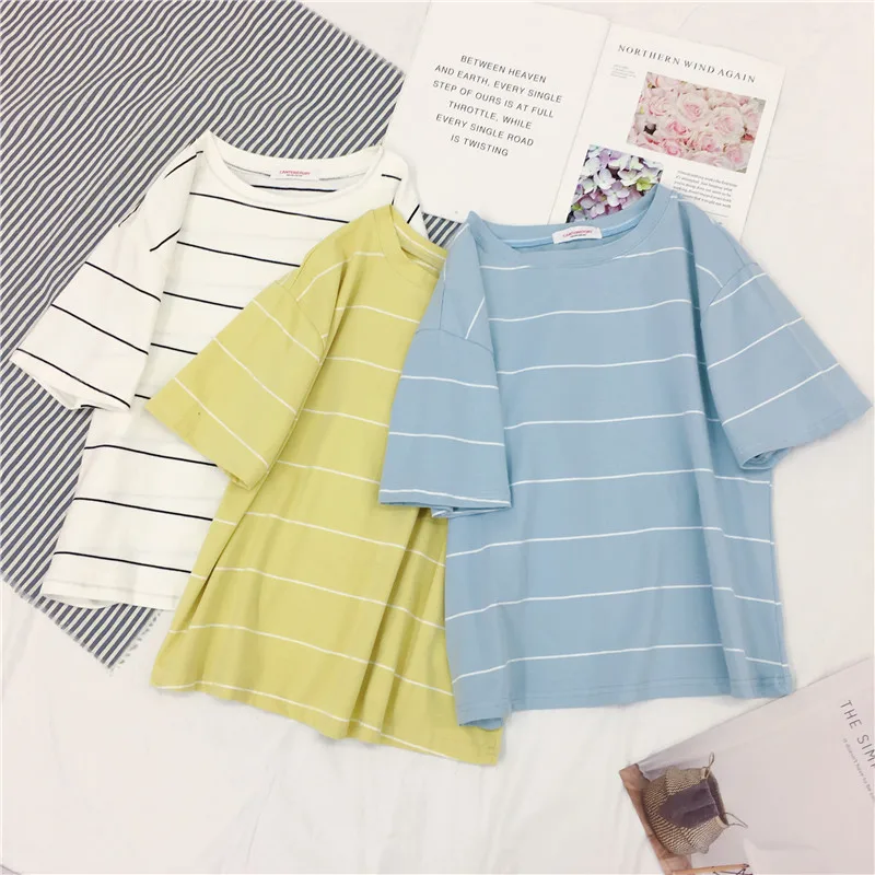 

Stripe Top Women Female T-shirt Harajuku Women's Shirt Tees Sports Pullovers Casual Cotton Clothing Couple Wear Family Clothes