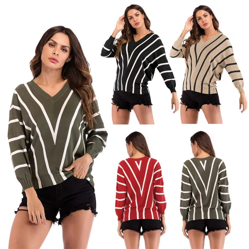 Autumn Batwing Sleeve Sweater Women Loose Casual Striped Black Warm Spring Pullovers V-Neck Red Fashion Sping Winter Top | Женская