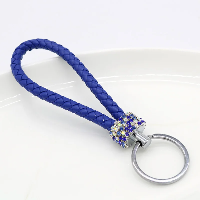 Творческий брелок из кожи с кристаллами Rhinestone, связанный в плетеную шнурок, женский брелок для сумки, металлические брелки для ключей, кольца для талии для мужчин, оптовая продажа.