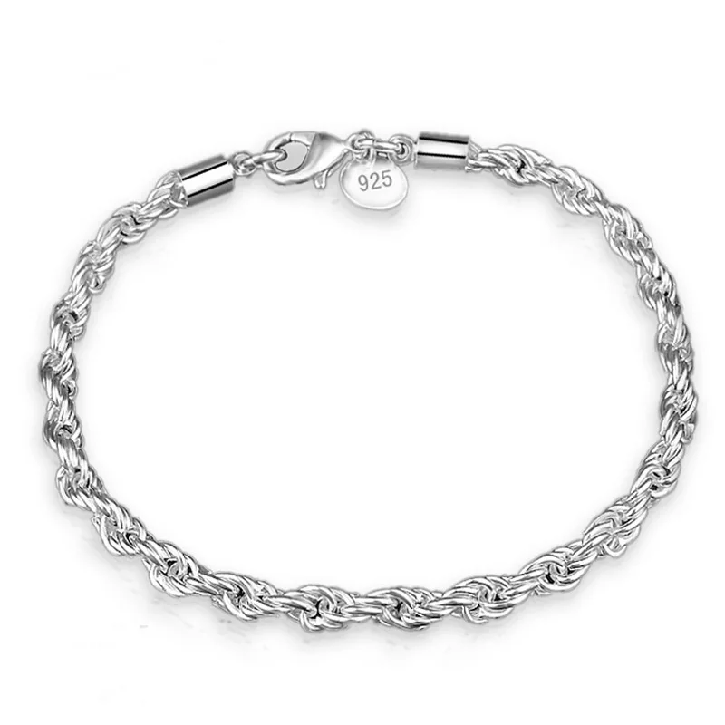 4mm silver OMHXZJ, индивидуальные модные вечерние женские и девичьи подарки на свадьбу, серебряные витые цепочки, 925 пробы, серебряный браслет BR132 - Цвет камня: 4mm silver