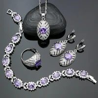 925 silver bridal jewelry sets for women white crystal purple cubic zirconia earrings ring bracelet pendant necklace set