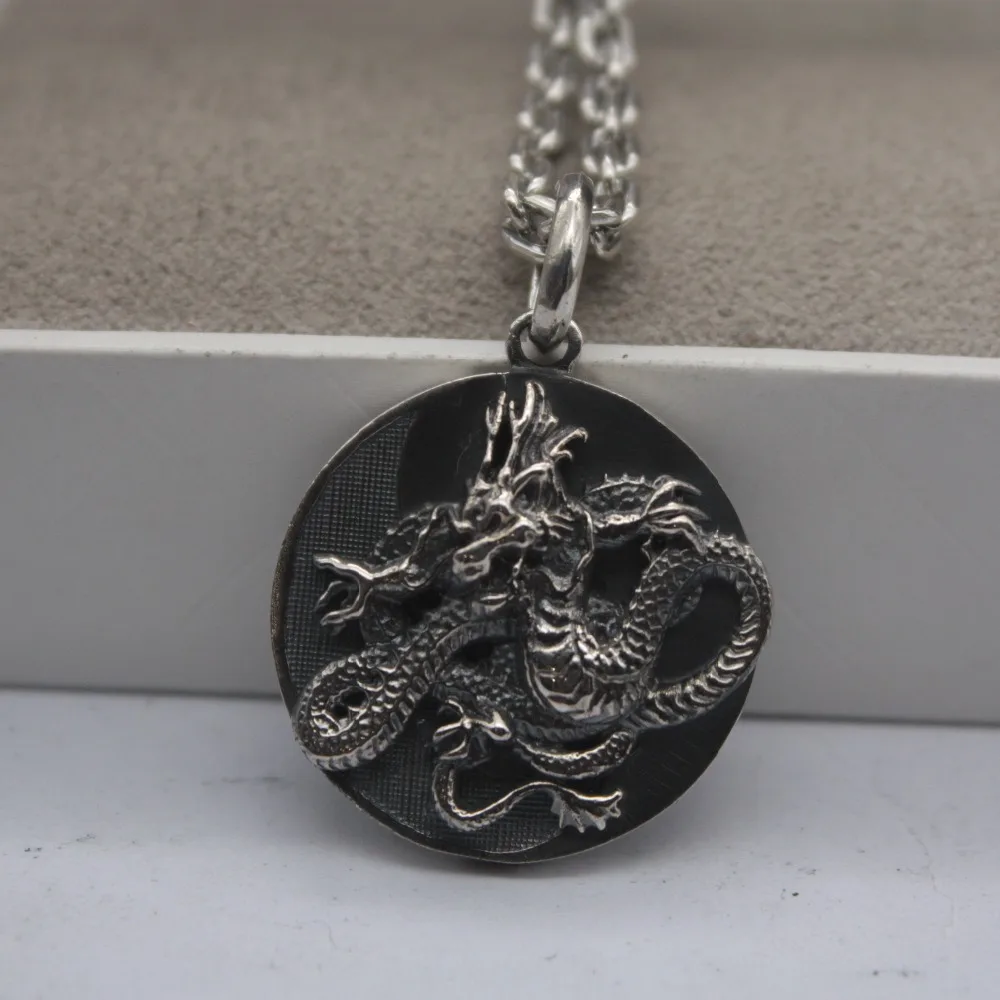 

Retro 925 Sterling Silver Pendant Zodiac Dragon Round Card Four Great Beasts Chinese For Women Man Pendant Necklace