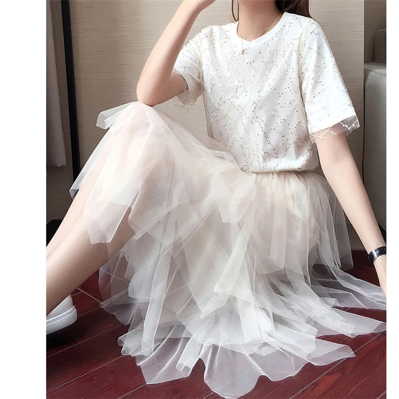 

2020 New Plue size Summer Women slim two-piece Suit tide Fashion Casual Round neck Short sleeve Top + mesh skirt Suit W024