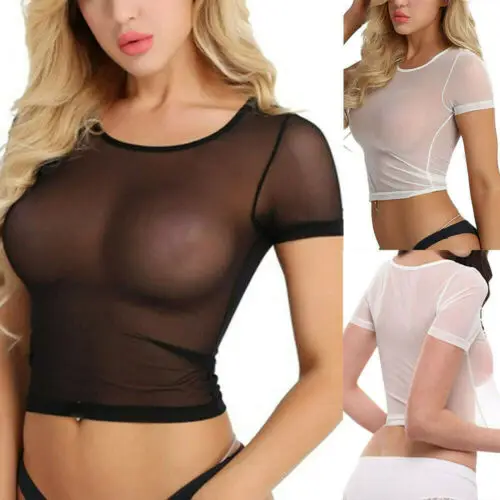 Women Sexy Sheer Mesh See-Through Short Sleeve Tops Crop Slim T Shirt Blouse UK | Женская одежда