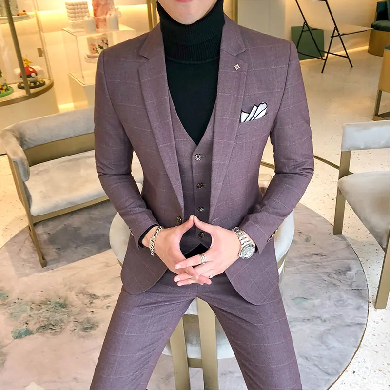 

Luxury 3 Piece Men's Wedding Suit Fashion Men's Slim Solid Color Business Office Suit Sets Large Size Men (Coat+ Pants + Vest)