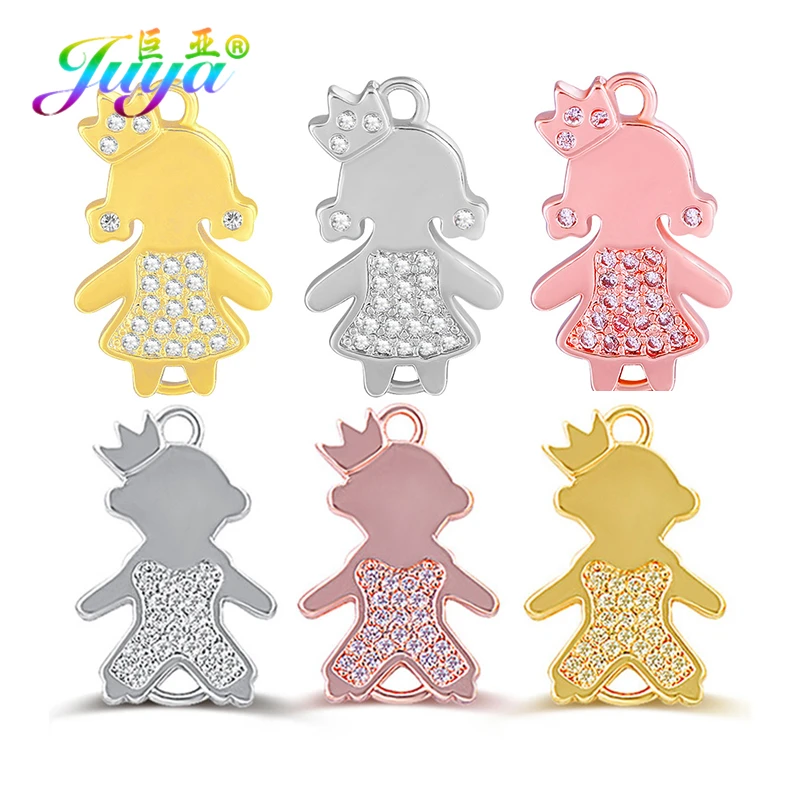 

Juya DIY 5pcs Wholesale Micro Pave Zircon Crown Boy Girl Connector Charms Supplies For Handmade Bracelet Earring Jewelry Making