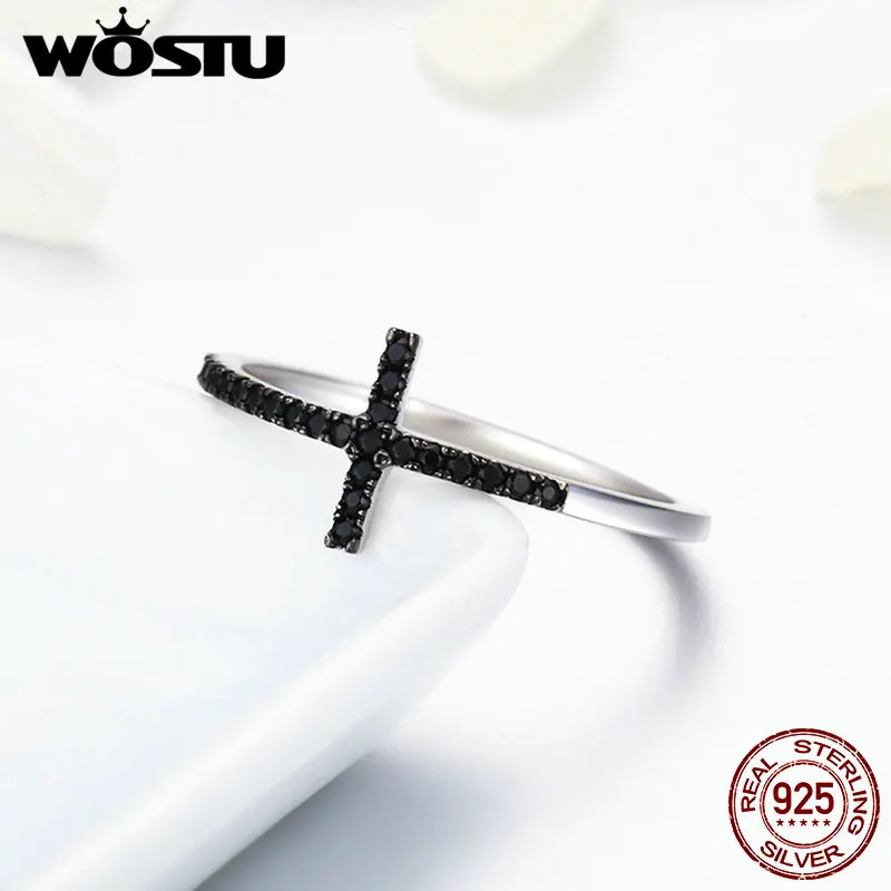 WOSTU чистое 925 пробы Серебряное кольцо на палец с черным цирконием для женщин вечерние ювелирные изделия в подарок DXR067