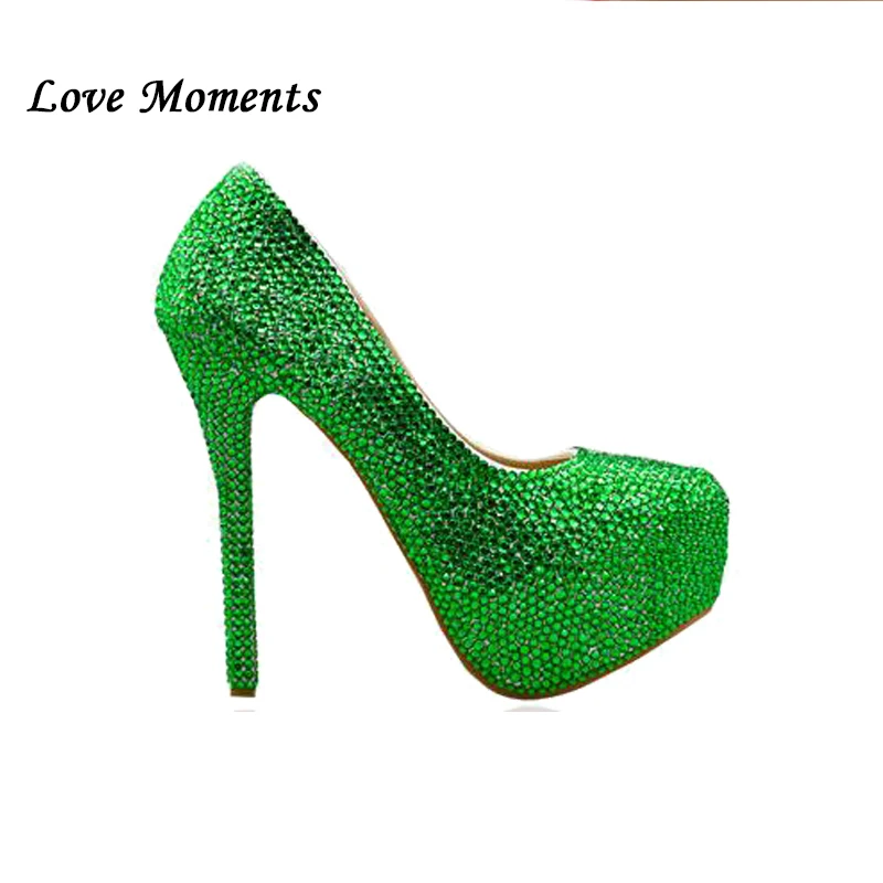 Love Moment/новые женские туфли на платформе и высоком каблуке украшенные зелеными