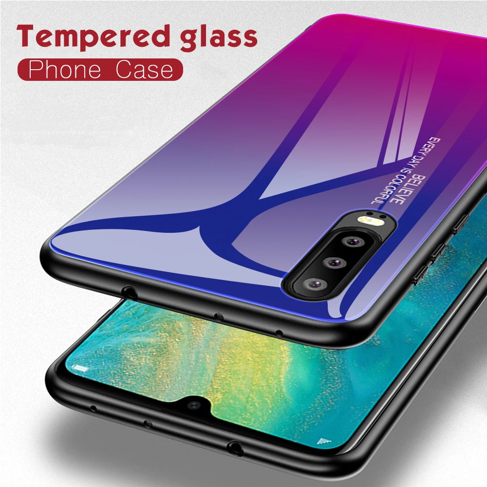 KEYSION Gradient Tempered Glass Phone Case for Huawei P30 P20 Pro Lite Nova 4 3 Mate 20 Coque Honor V20 8X 10 20i Cover |
