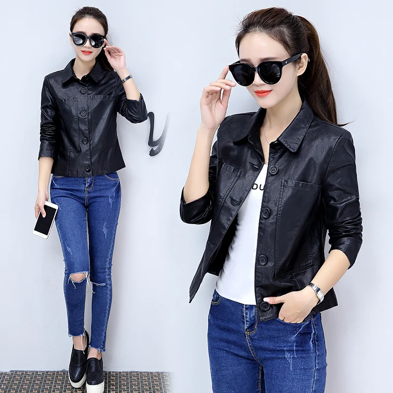 DHfinery Plus Size M-4XL Women Leather Jacket 2022 Spring Autumn  Leather Coat Slim Short Black Green Caramel Outerwear bs5722