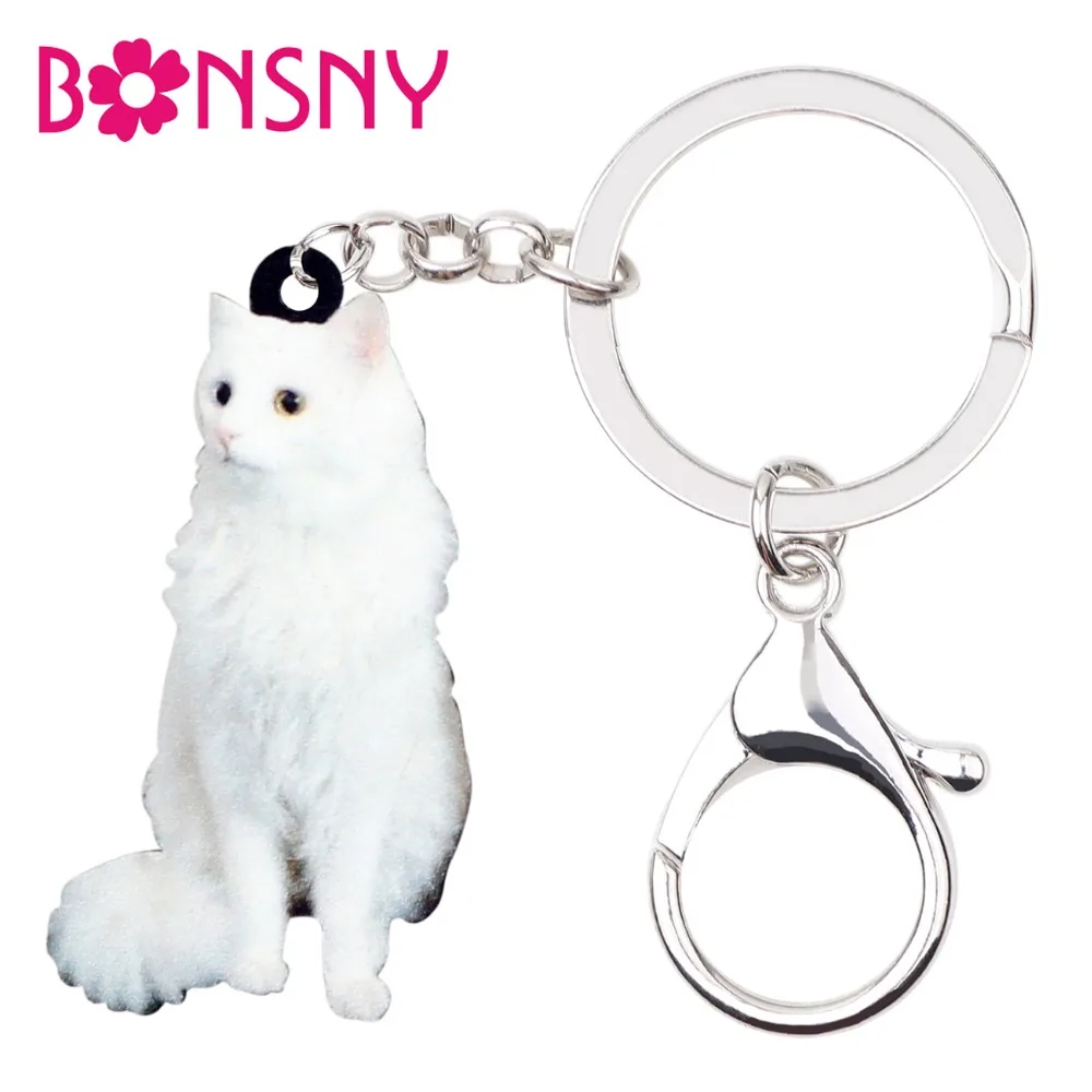 

Bonsny Acrylic Snowy Fluffy Cat Kitten Key Chains Keychains Rings Animal Jewelry For Women Girls Handbag Car Charms Accessories