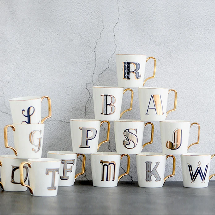 1pc European Gold letters ceramic cup lovers breakfast coffee milk tea A-Z letter Men women Creative Mug | Дом и сад