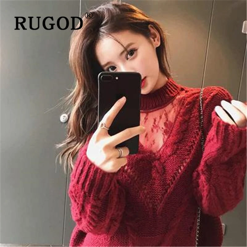 Женский трикотажный свитер RUGOD черный пуловер с круглым вырезом вышивкой в виде
