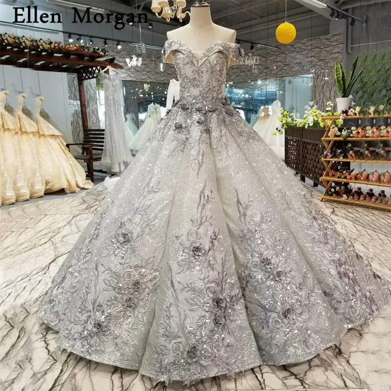Grey Sexy Ball Gowns Wedding Dresses 2019 for Women Lace up Beaded 3D Flowers Glitter Fabric Sequined off Shoulder Bridal | Свадьбы и