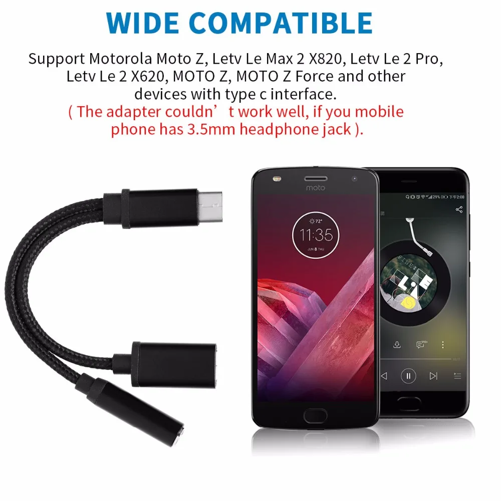 Anskp 2in 1 USB Type C to 3.5mm Nylon Braided Audio Adapter Fast Charge Jack Headphone for Motorola MotoZ Letv | Электроника
