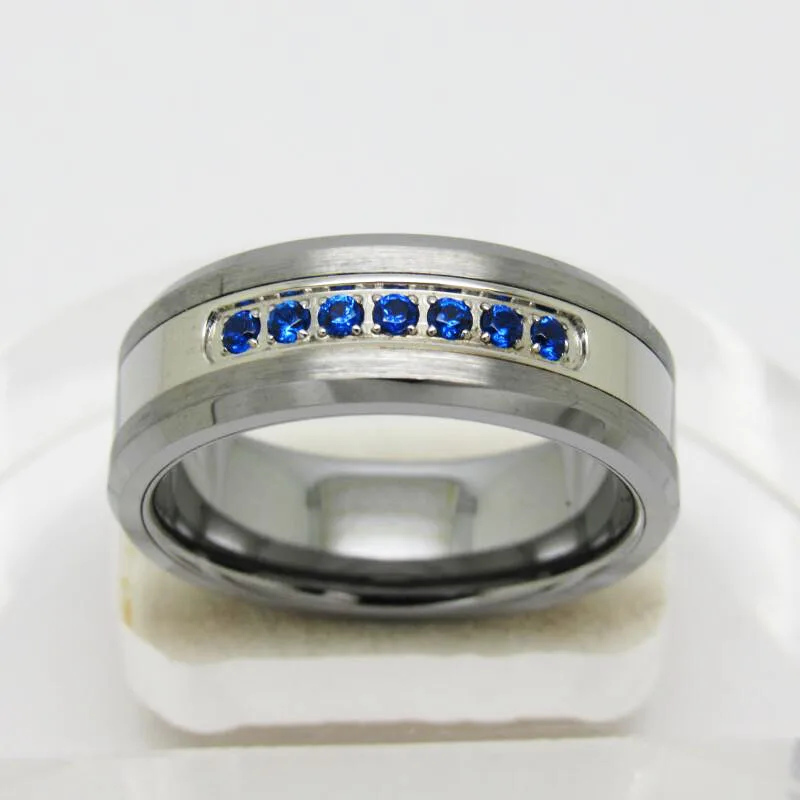 8 мм широкое кольцо из карбида вольфрама с 7 синими камнями CZ инкрустация модное