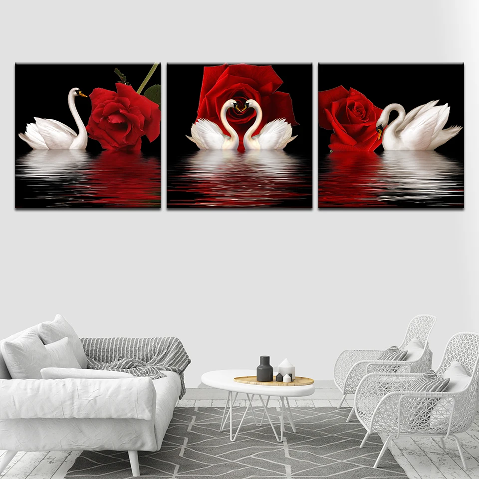 The swan swam in the river red rose современный модульный настенный постер Скандинавская