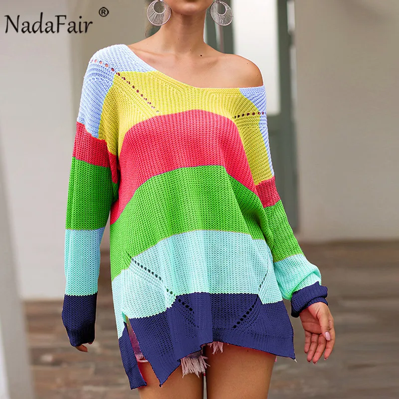 Nadafair Oversized Rainbow Knitted Sweater Women Pullover Loose Casual Winter Plus Size 2019 Autumn Jumper Pull Femme | Женская одежда