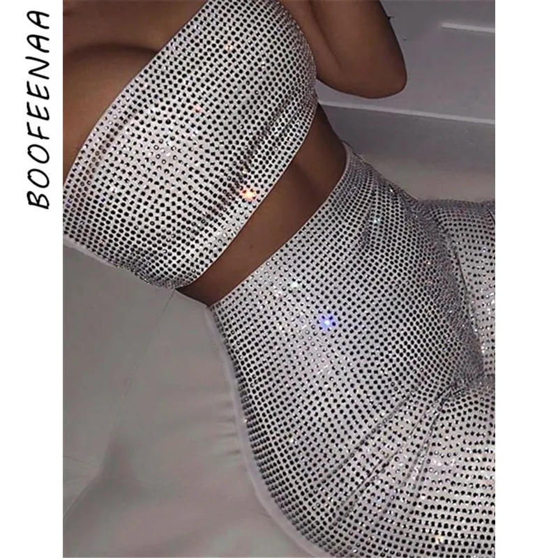 BOOFEENAA белые стразы сексуальный комплект из двух предметов короткий для женщин