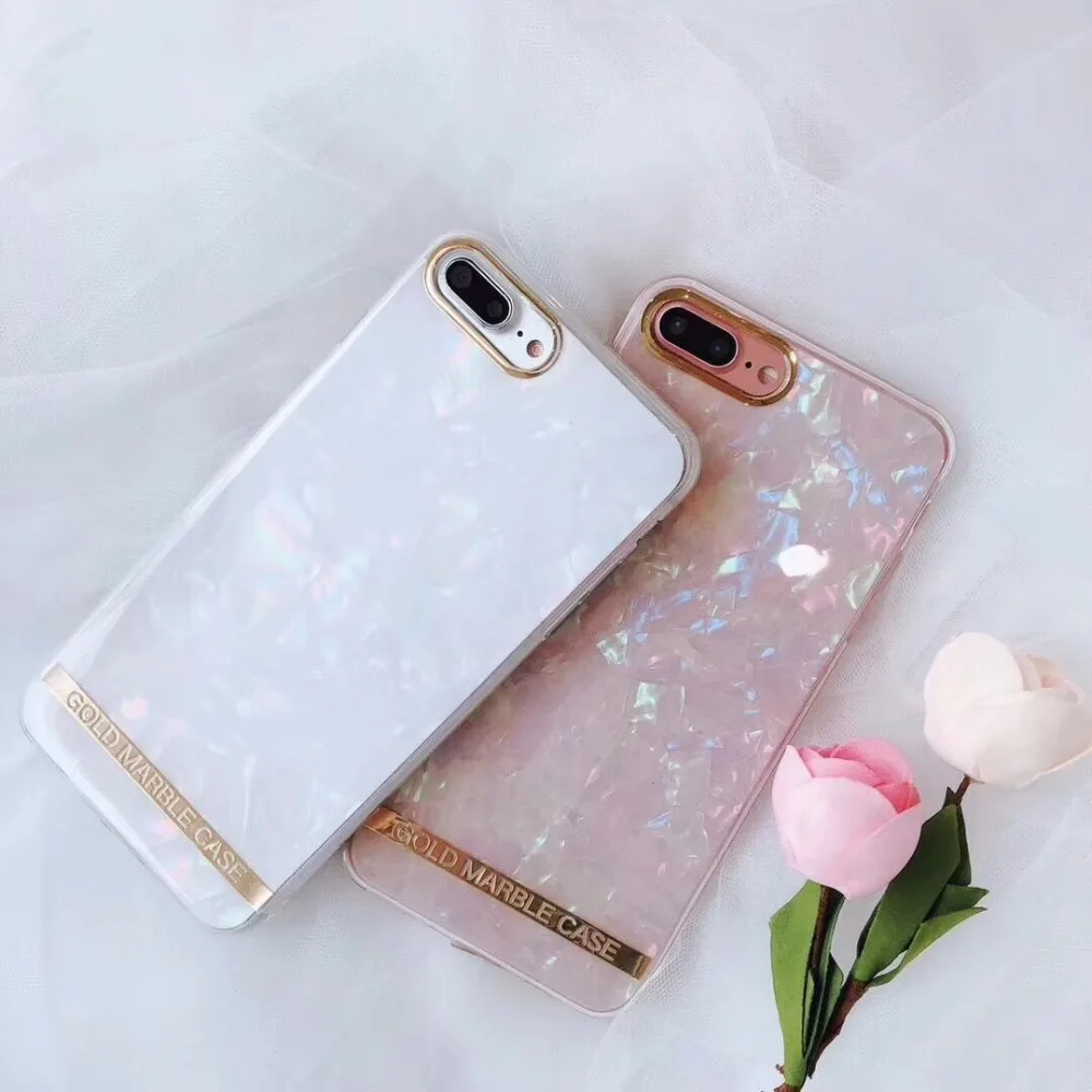 На 8 plus Роскошный блеск Мрамор со стразами и жемчугом Shell для iPhone X 6 6s 7 плюс мягкий