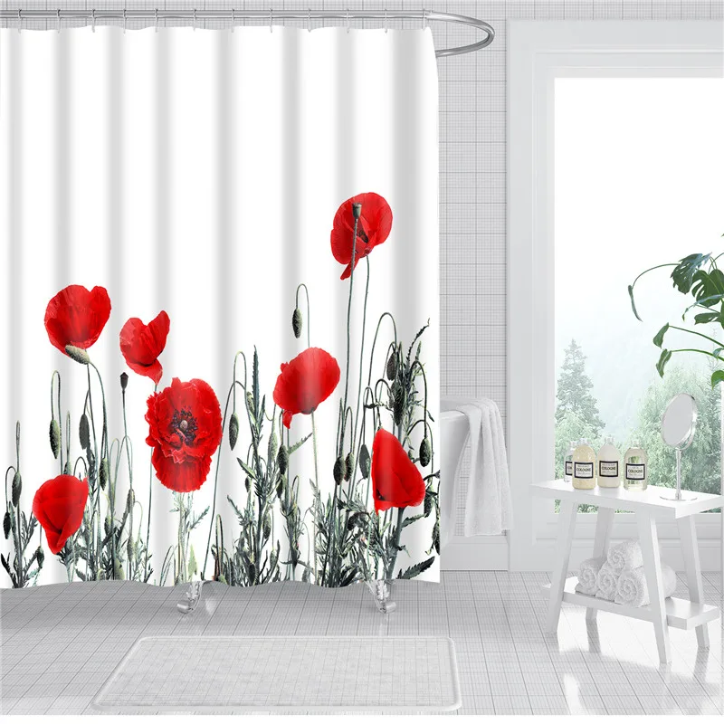 Red Flowers Printed 3d Shower Curtains Waterproof Polyester Fabric Bathroom Screen Chinese Style Bath Curtain Set with Hooks