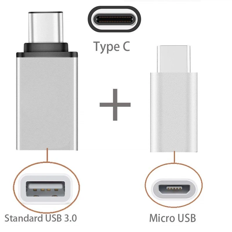 Серебристый 2 в 1 Тип-C на USB адаптер+ Тип C на Micro USB Разъемы для samsung Galaxy S8 s9 плюс Примечание 8 huawei P20 Lite Pro Otg кабель - Цвет: Серебристый
