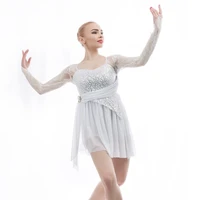 women lyricacontemporaryballet stage performance dance dresslace sleeves sequin bodice white lycra shortie unitard mesh skirt
