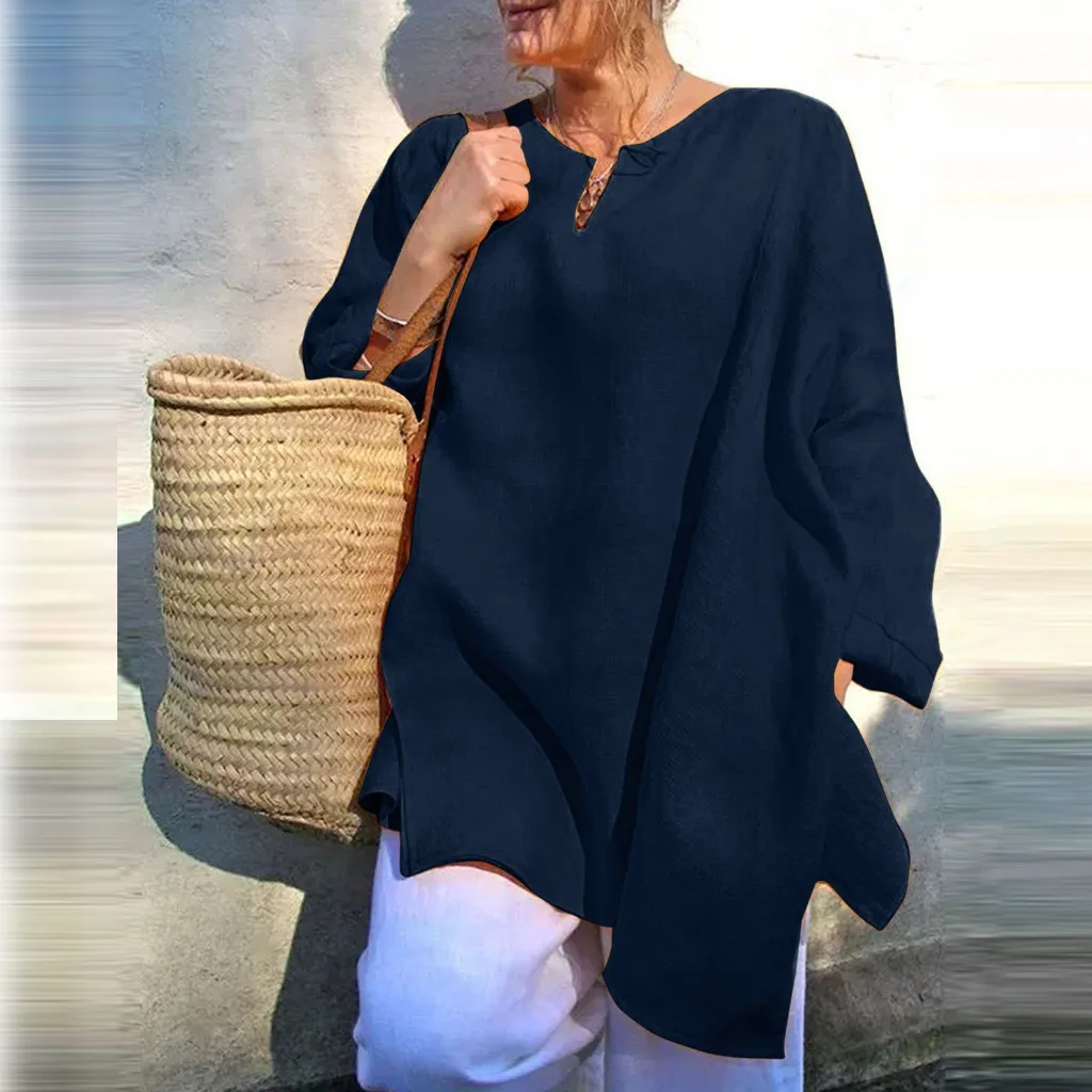 Женские блузки повседневные льняные с длинным рукавом Свободные v образным