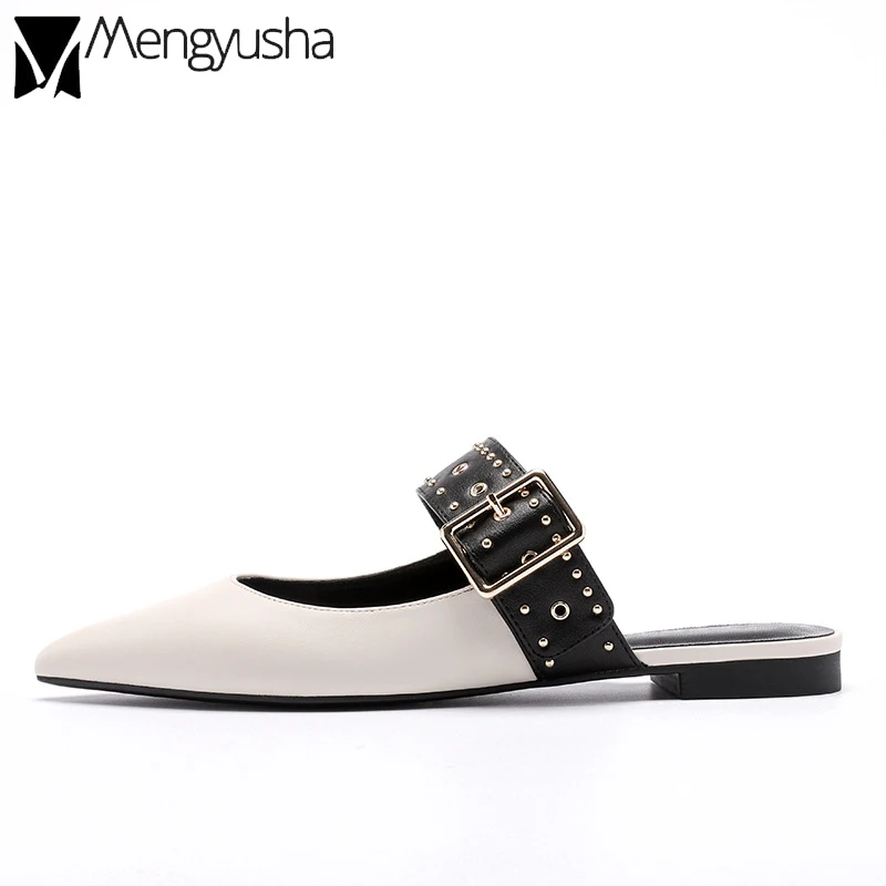 Мюли женские в европейском стиле плоская подошва с заклепками металлический